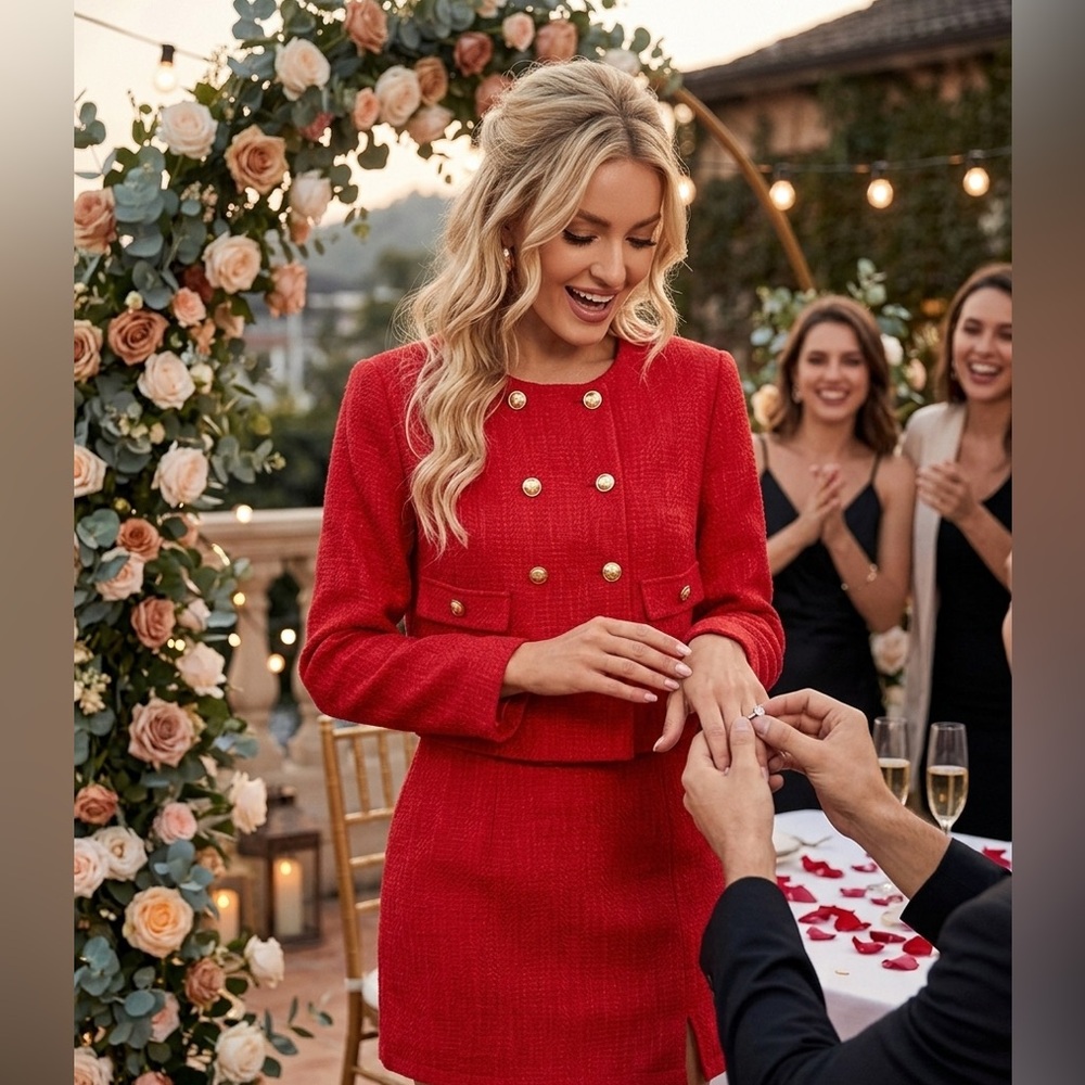 SHEIN red textured tweed two-piece skirt suit set size large